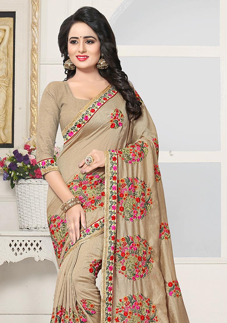 Chiku Embroidery Silk Saree Set - Indya