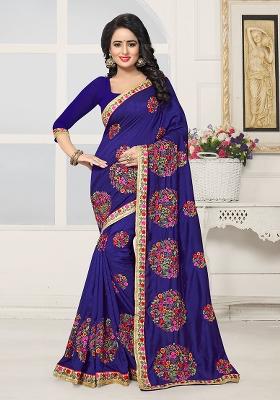 Navy Blue Embroidery Silk Saree Set