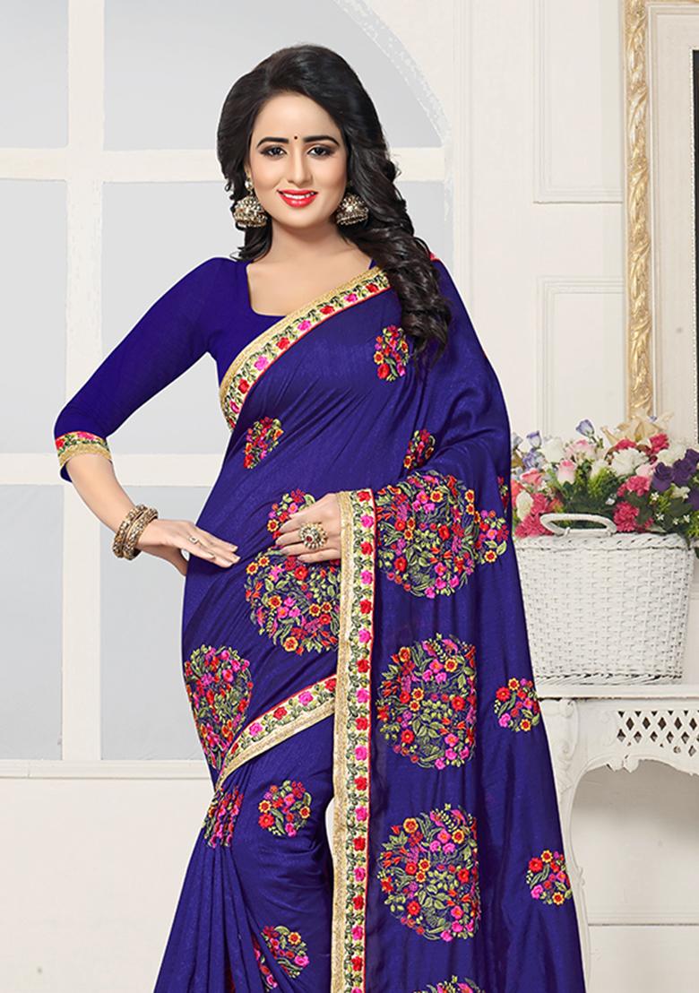 Navy Blue Embroidery Silk Saree Set - Indya