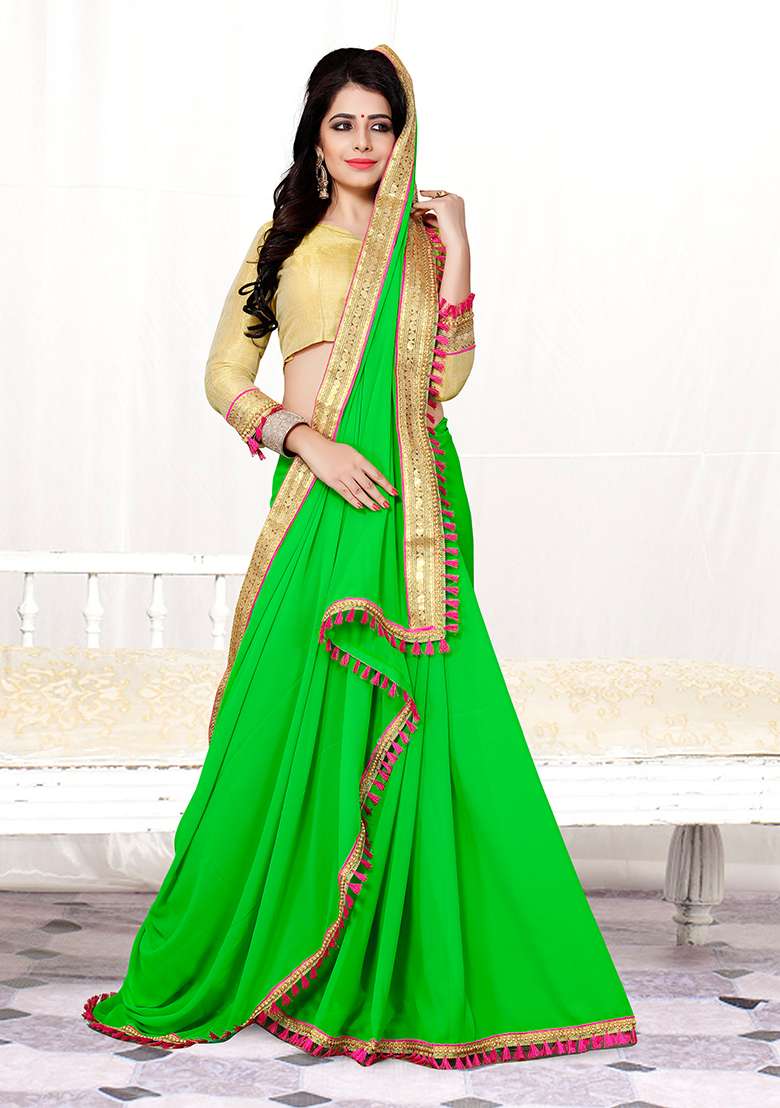 Perrot Green Stone Work Georgette Saree Set for Diwali and Festive Wear - Indya