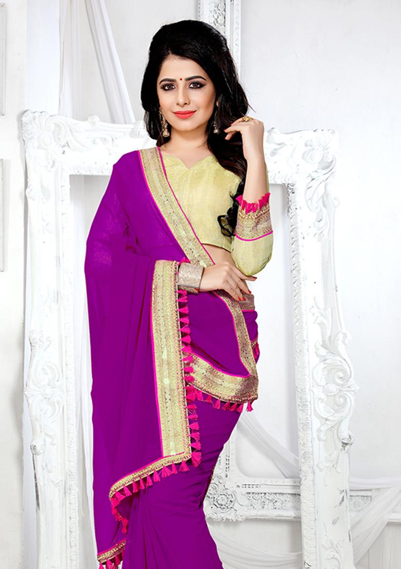 Wine Stone Work Georgette Saree Set - Indya