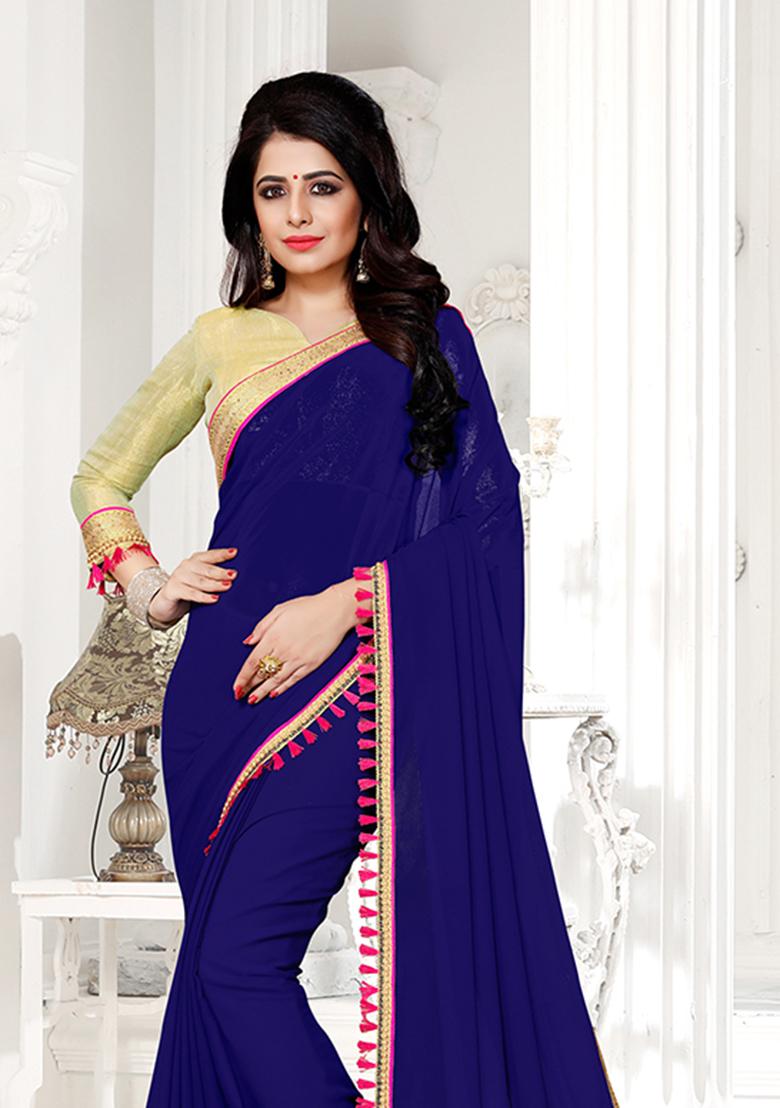 Navy Blue Stone Work Georgette Saree Set - Indya