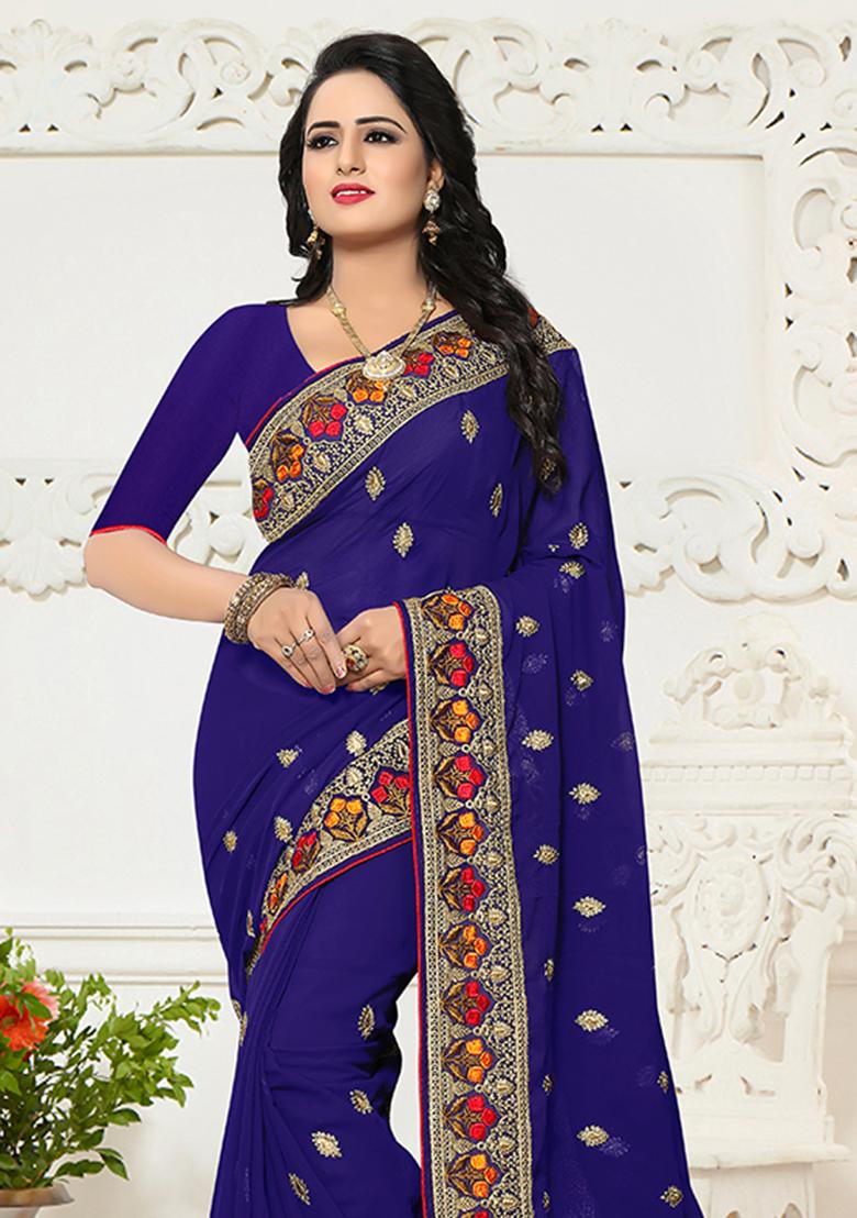 Navy Blue Embroidery Georgette Saree Set - Indya