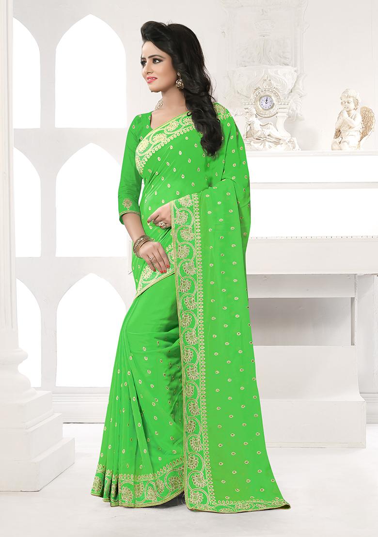 Perrot Green Embroidery Georgette Saree Set - Indya