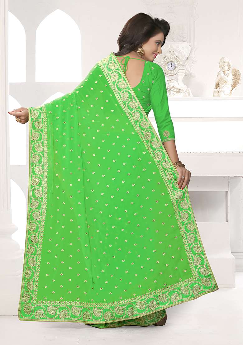 Perrot Green Georgette Saree Set with Embroidery for Diwali | Wedding & Festive Wear - Indya