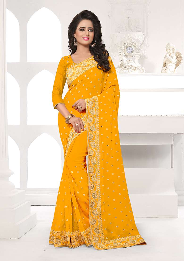 Mustard Embroidery Georgette Saree Set for Diwali and Festive Wear - Indya