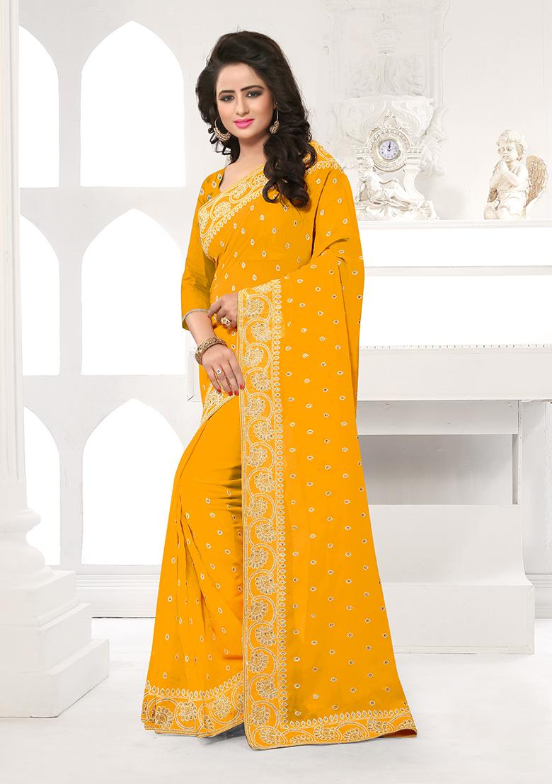 Mustard Embroidery Georgette Saree Set - Indya