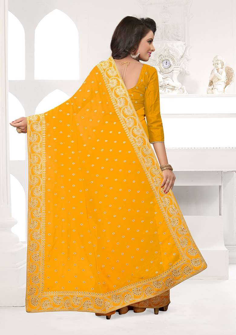 Mustard Embroidery Georgette Saree Set for Diwali and Festive Wear - Indya