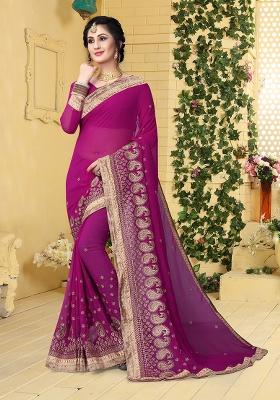 Wine Embroidery Georgette Saree Set