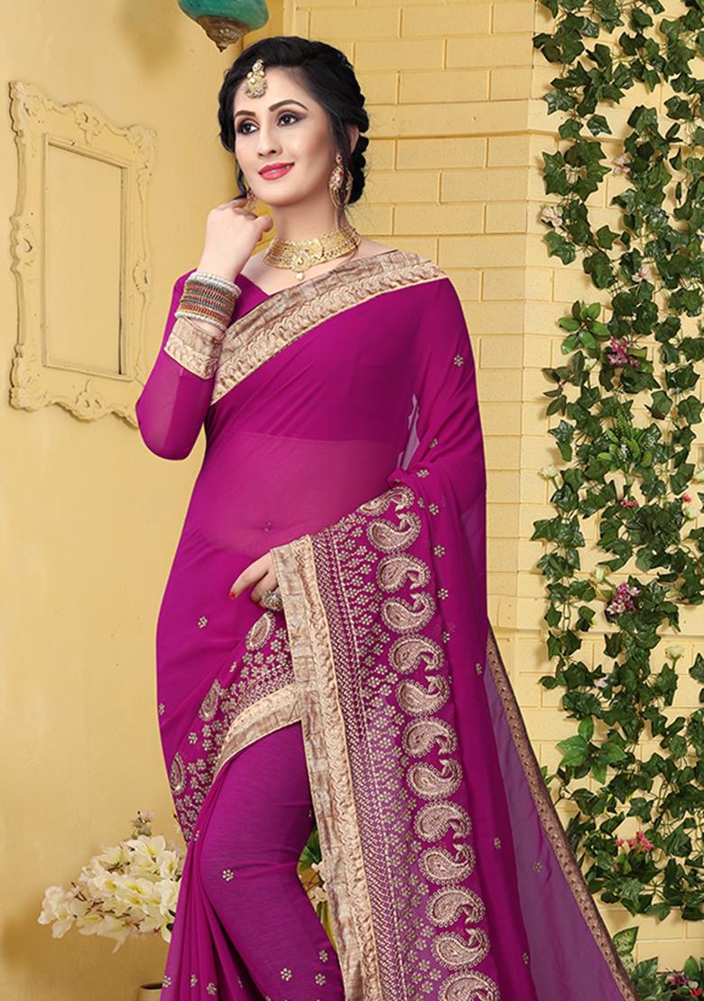 Wine Embroidery Georgette Saree Set - Indya