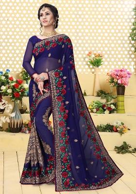 Navy Blue Embroidery Georgette Saree Set