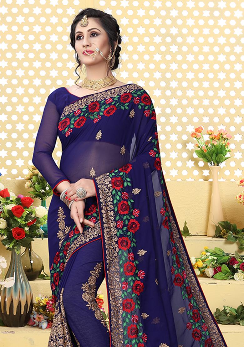 Navy Blue Embroidery Georgette Saree Set - Indya