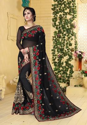 Black Embroidery Georgette Saree Set