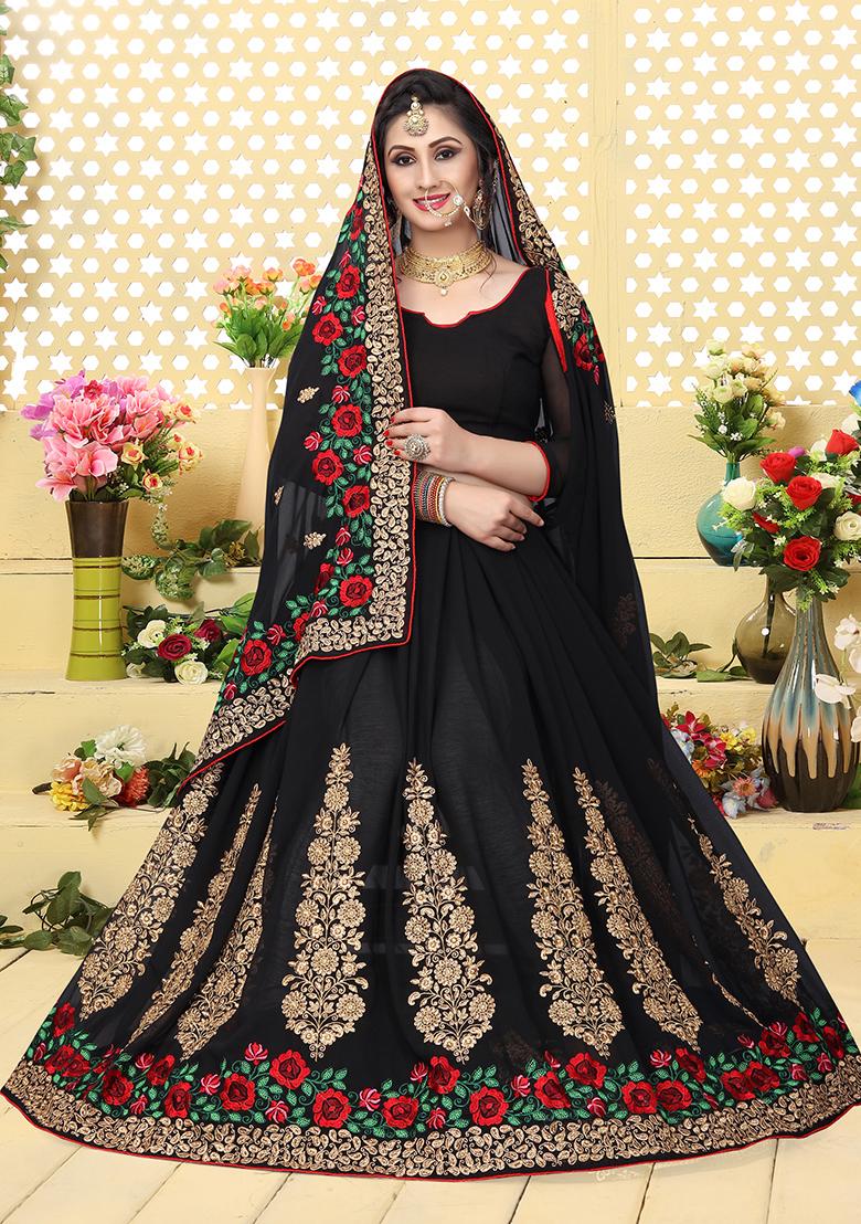 Black Embroidery Georgette Saree Set - Indya