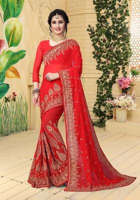 Red Embroidery Georgette Saree Set