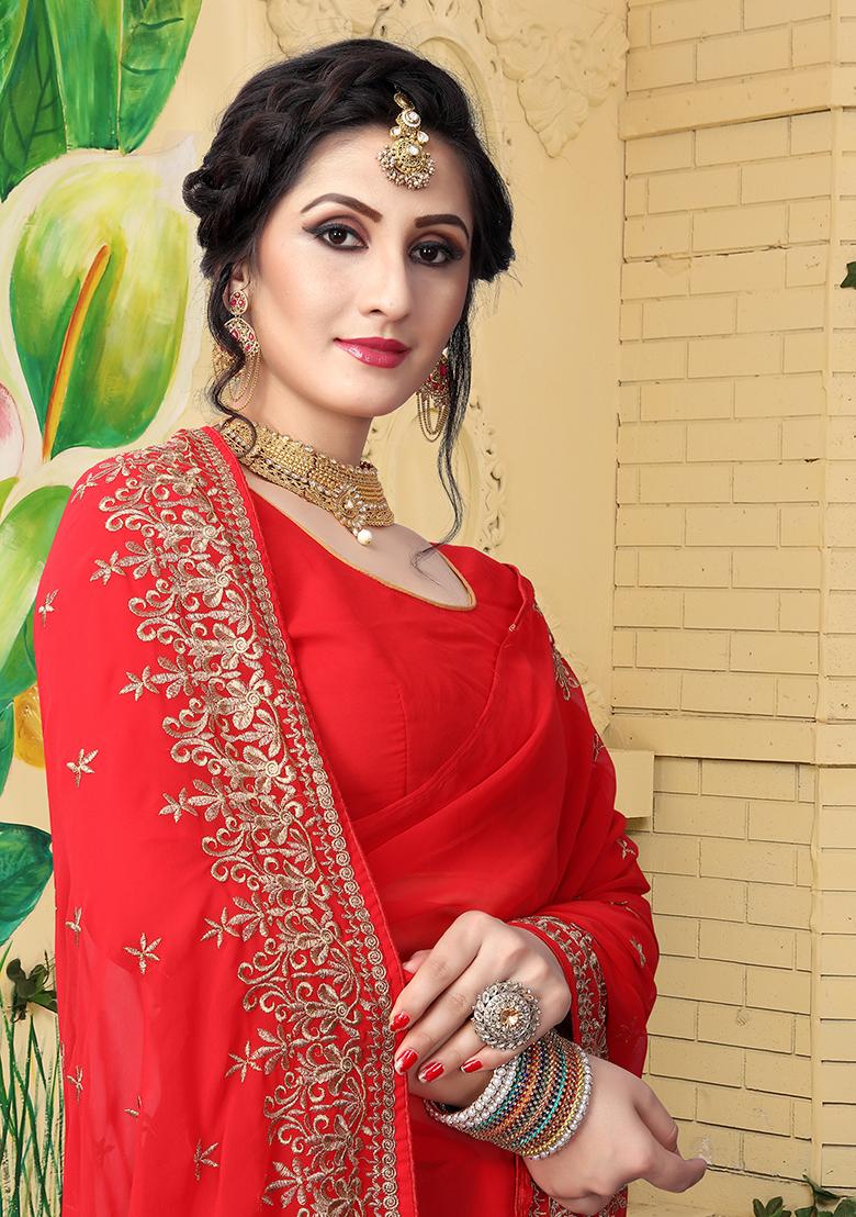 Red Embroidery Georgette Saree Set - Indya