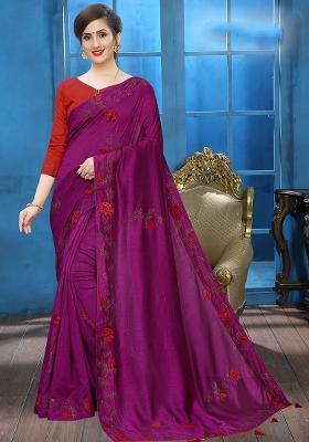 Wine Stone Work Silk Saree Set