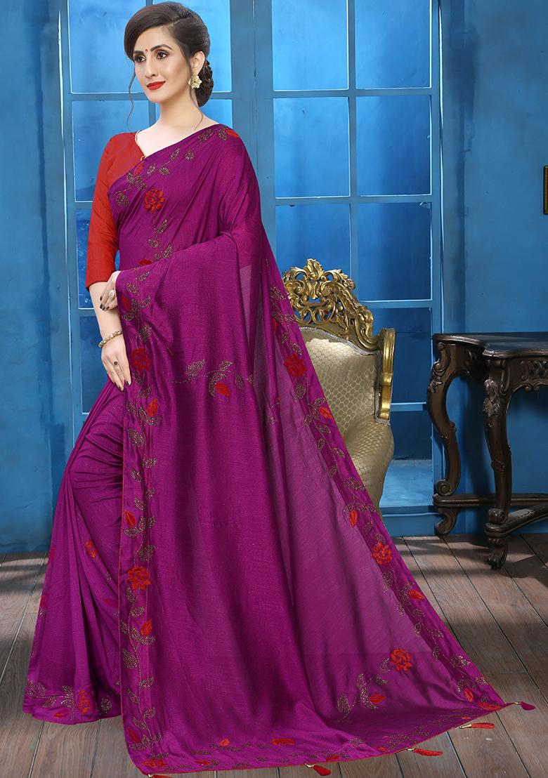 Wine Stone Work Silk Saree Set - Indya