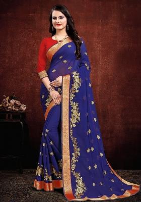 Navy Blue Embroidery Georgette Saree Set