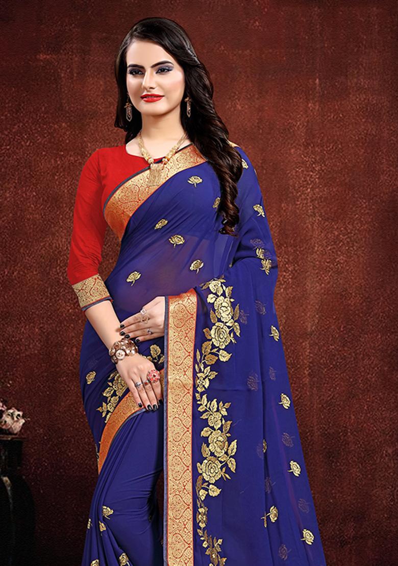 Navy Blue Embroidery Georgette Saree Set - Indya