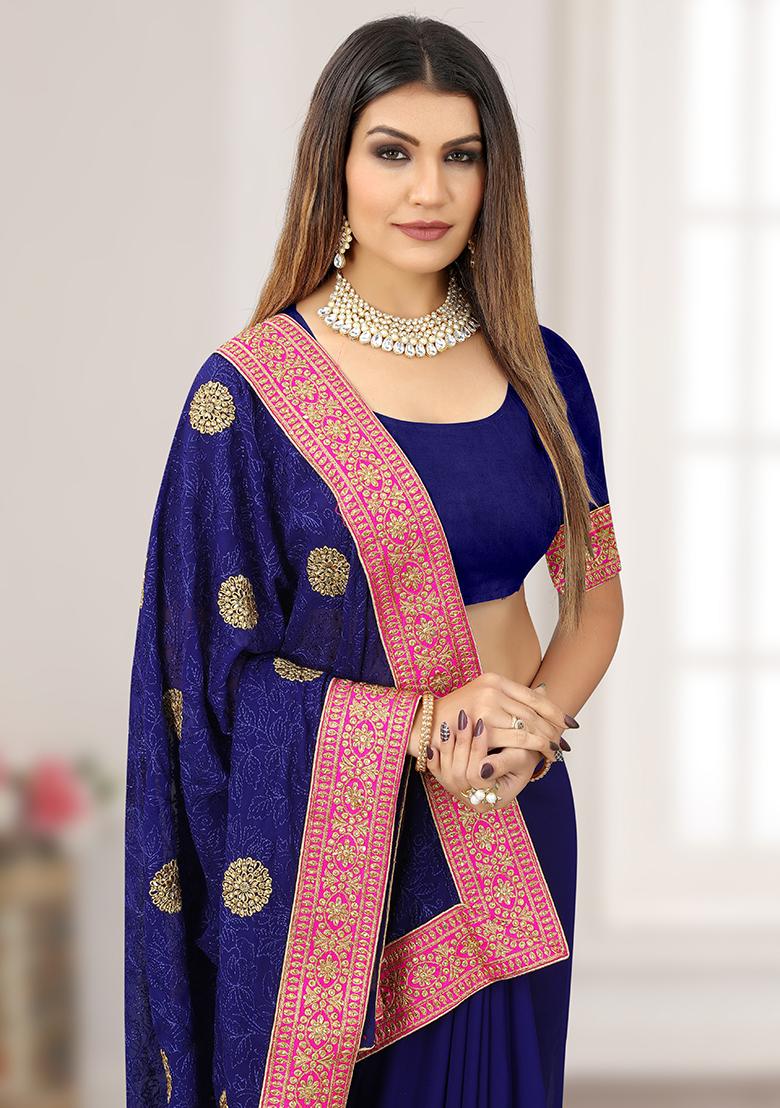 Navy Blue Embroidery Georgette Saree Set - Indya