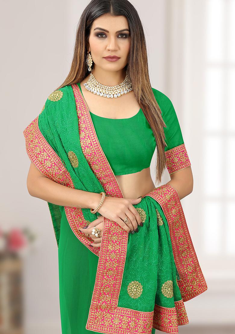 Perrot Green Embroidery Georgette Saree Set - Indya