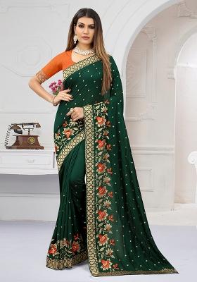 Bottel Green Embroidery Silk Saree Set