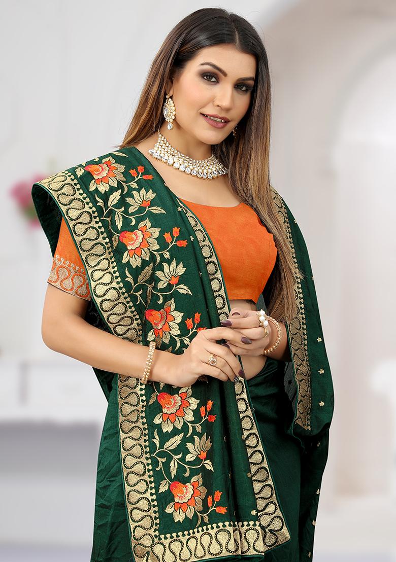 Bottel Green Embroidery Silk Saree Set - Indya