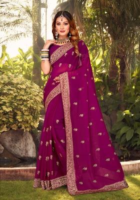 Wine Embroidery Georgette Saree Set