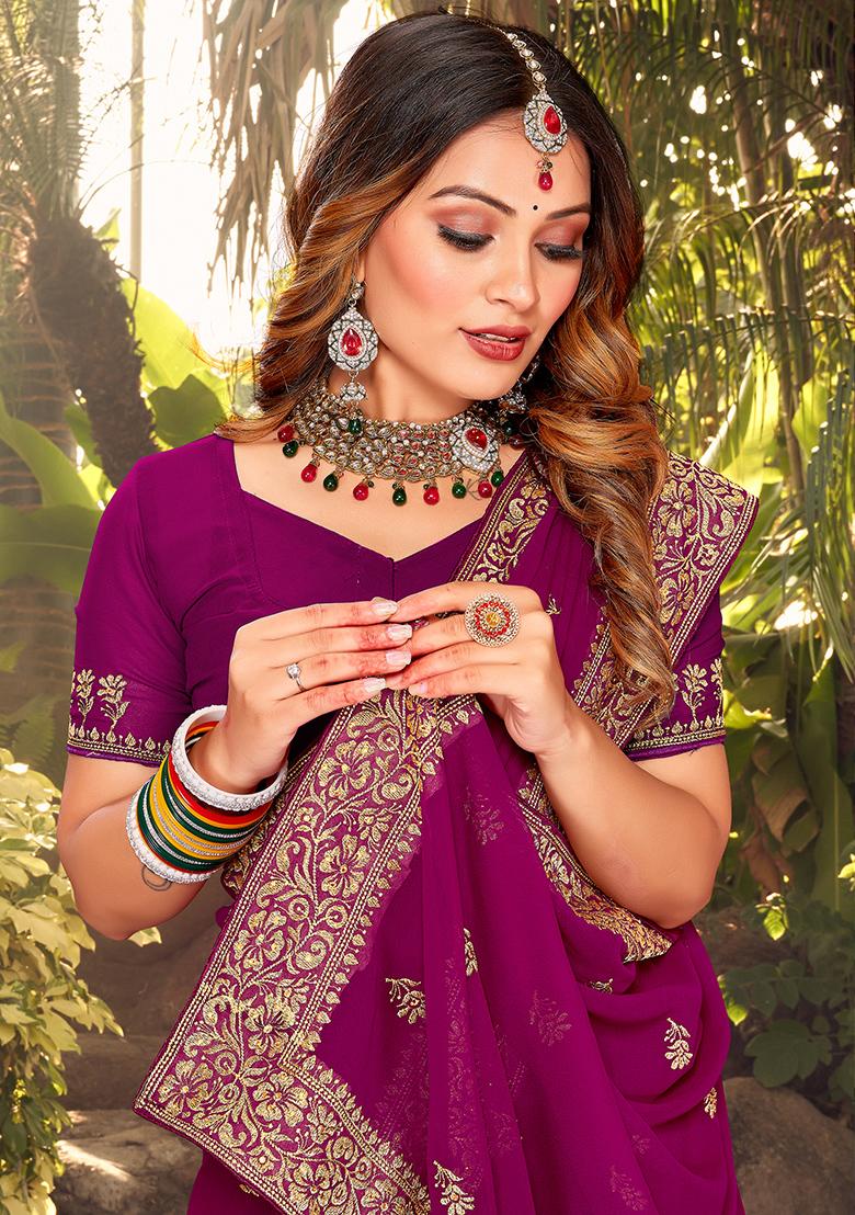 Wine Embroidery Georgette Saree Set - Indya