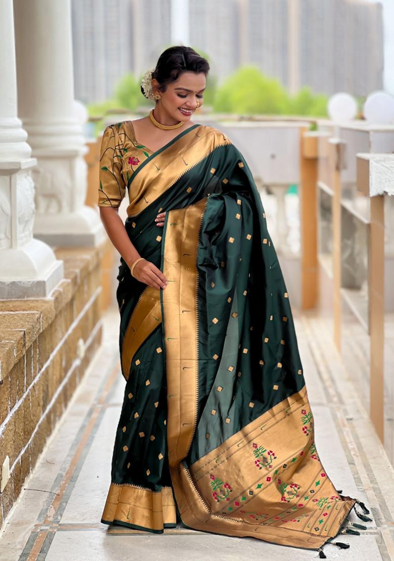 Green Jacquard Silk Saree Set - Indya