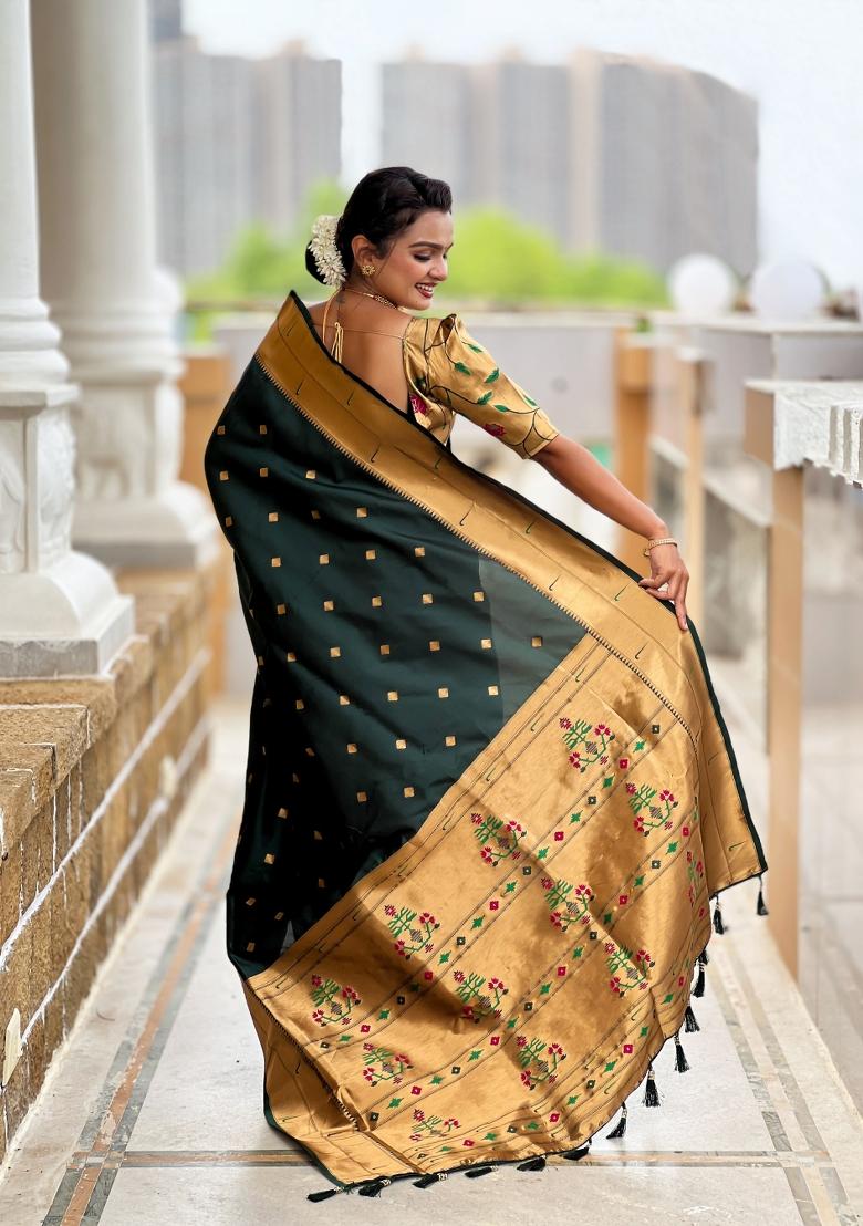 Green Jacquard Silk Saree Set - Indya
