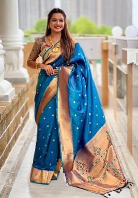 Teal Blue Jacquard Silk Saree Set