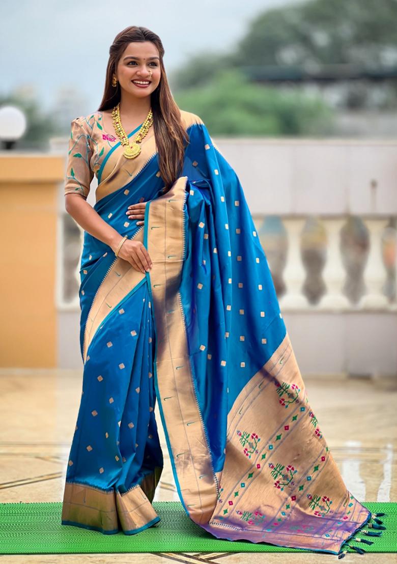 Teal Blue Jacquard Silk Saree Set - Indya