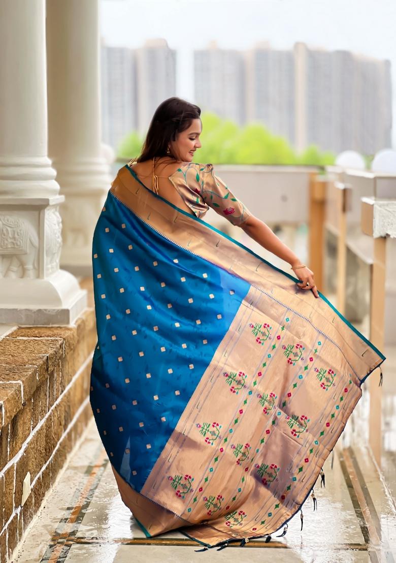 Teal Blue Jacquard Silk Saree Set - Indya