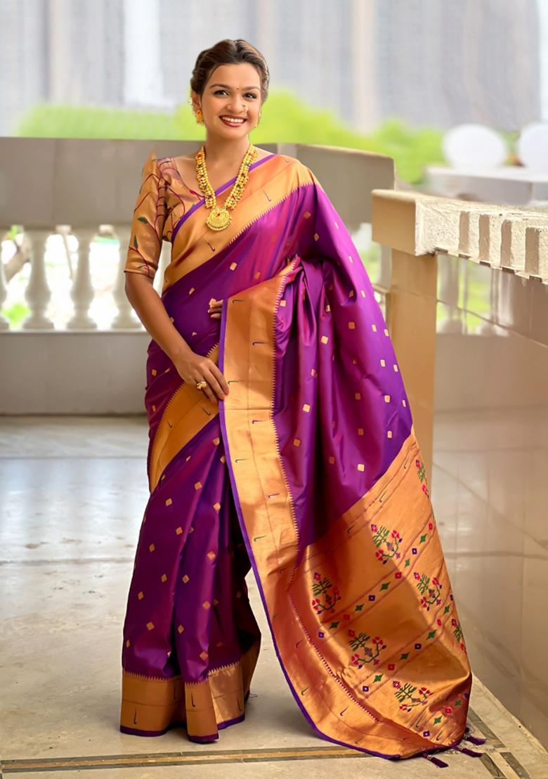 Purple Jacquard Silk Saree Set - Indya