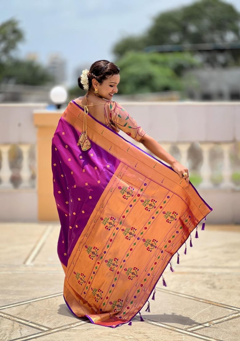 Purple Jacquard Silk Saree Set - Indya