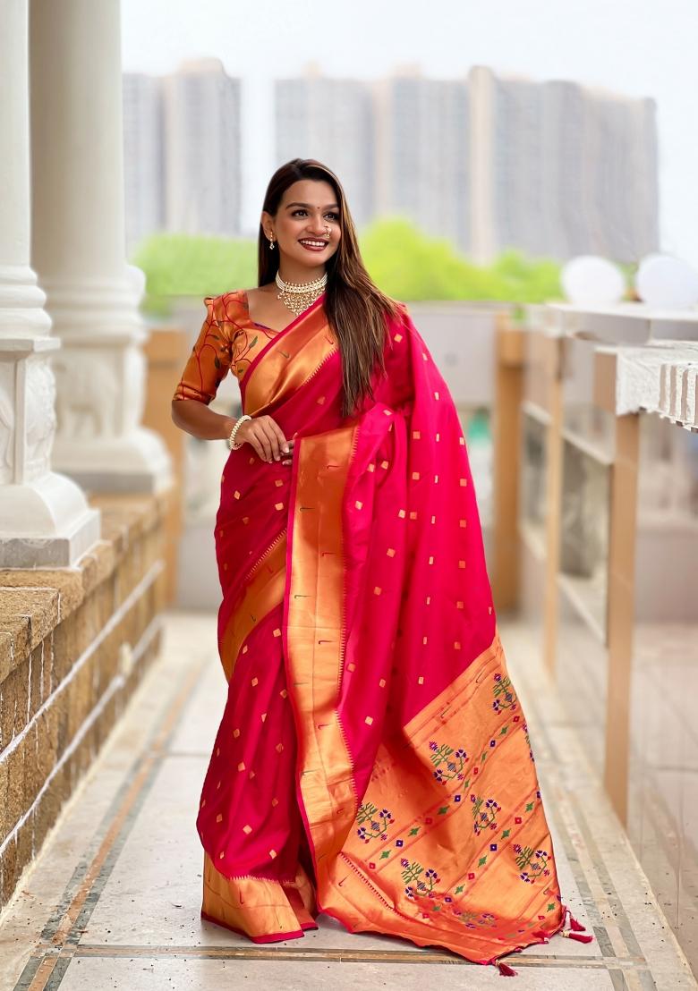 Pink Jacquard Silk Saree Set - Indya