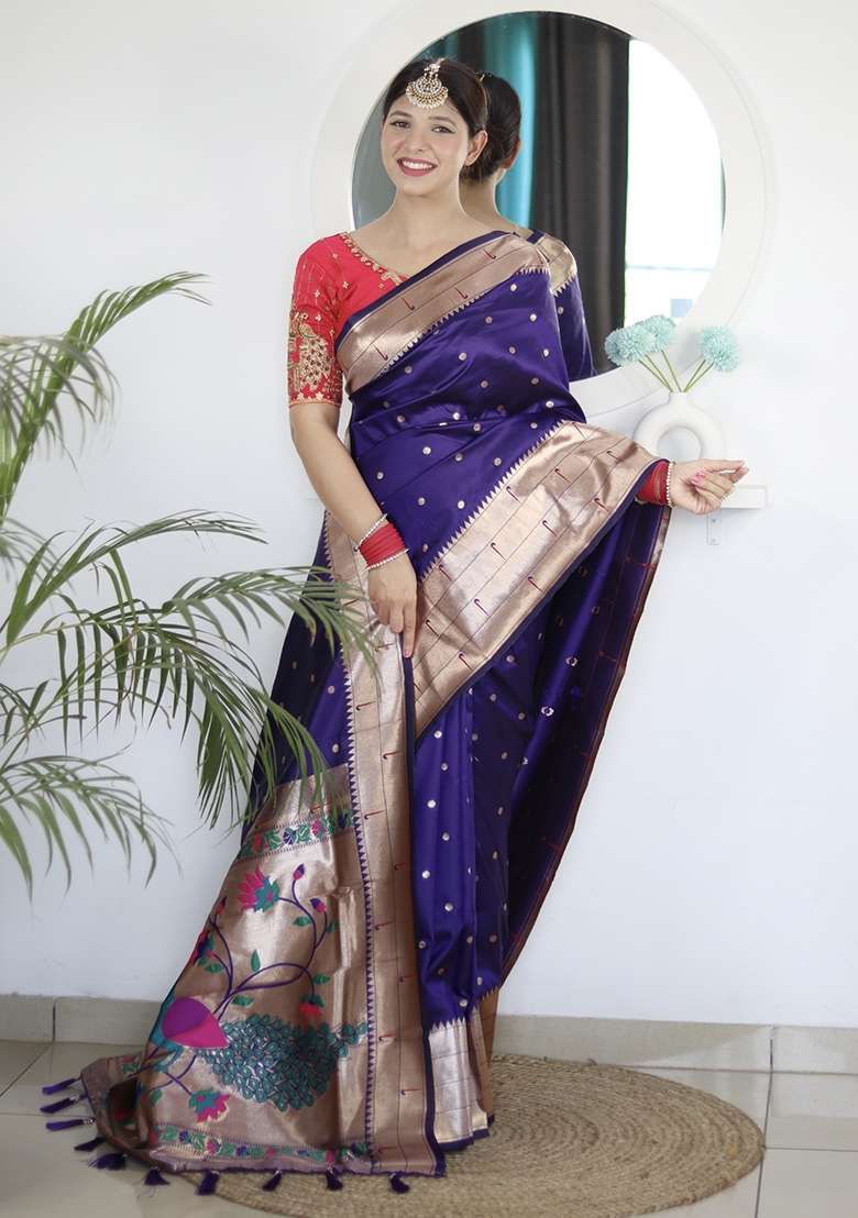 Violet Silk Saree Set with Embroidery for Diwali | Wedding & Festive Wear - Indya