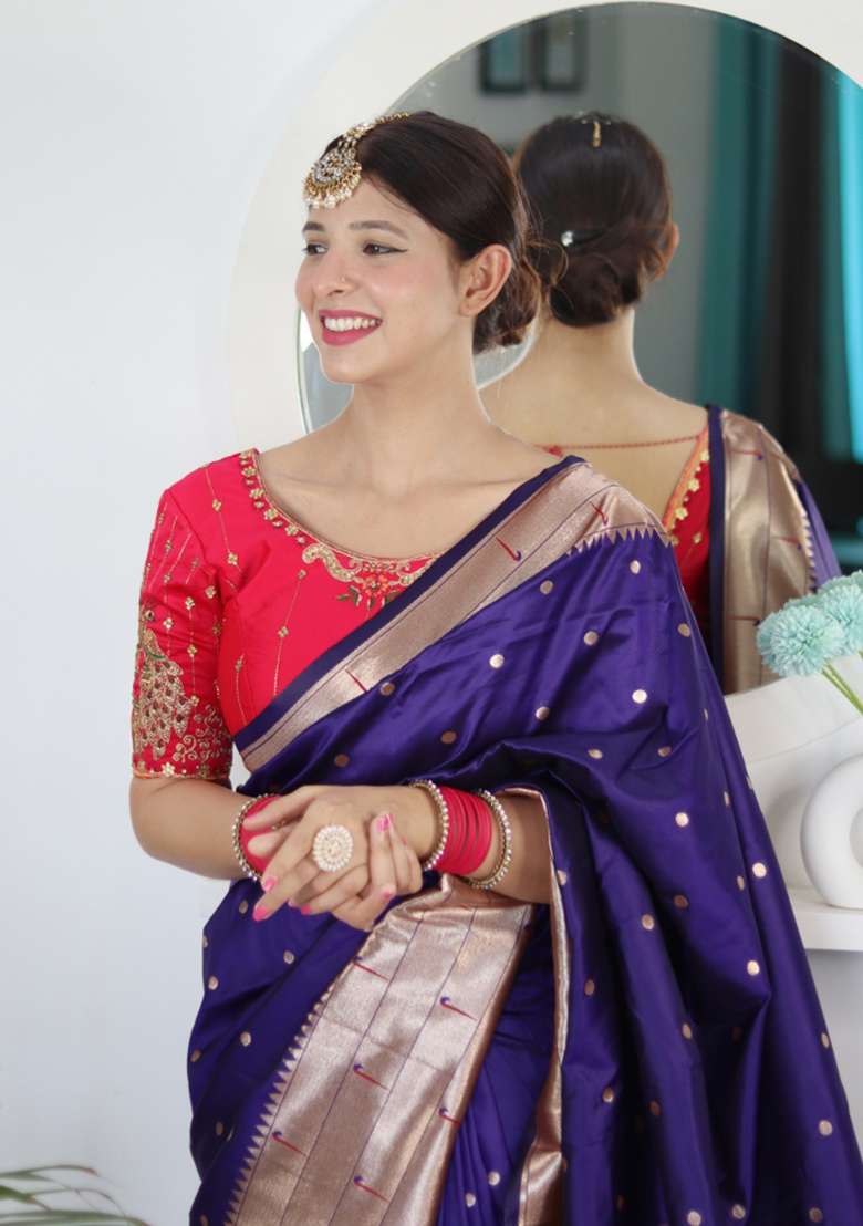 Violet Silk Saree Set with Embroidery for Diwali | Wedding & Festive Wear - Indya