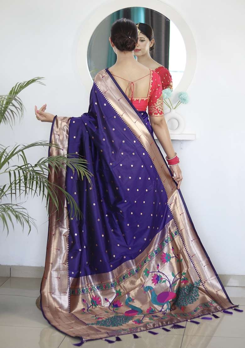 Violet Silk Saree Set with Embroidery for Diwali | Wedding & Festive Wear - Indya