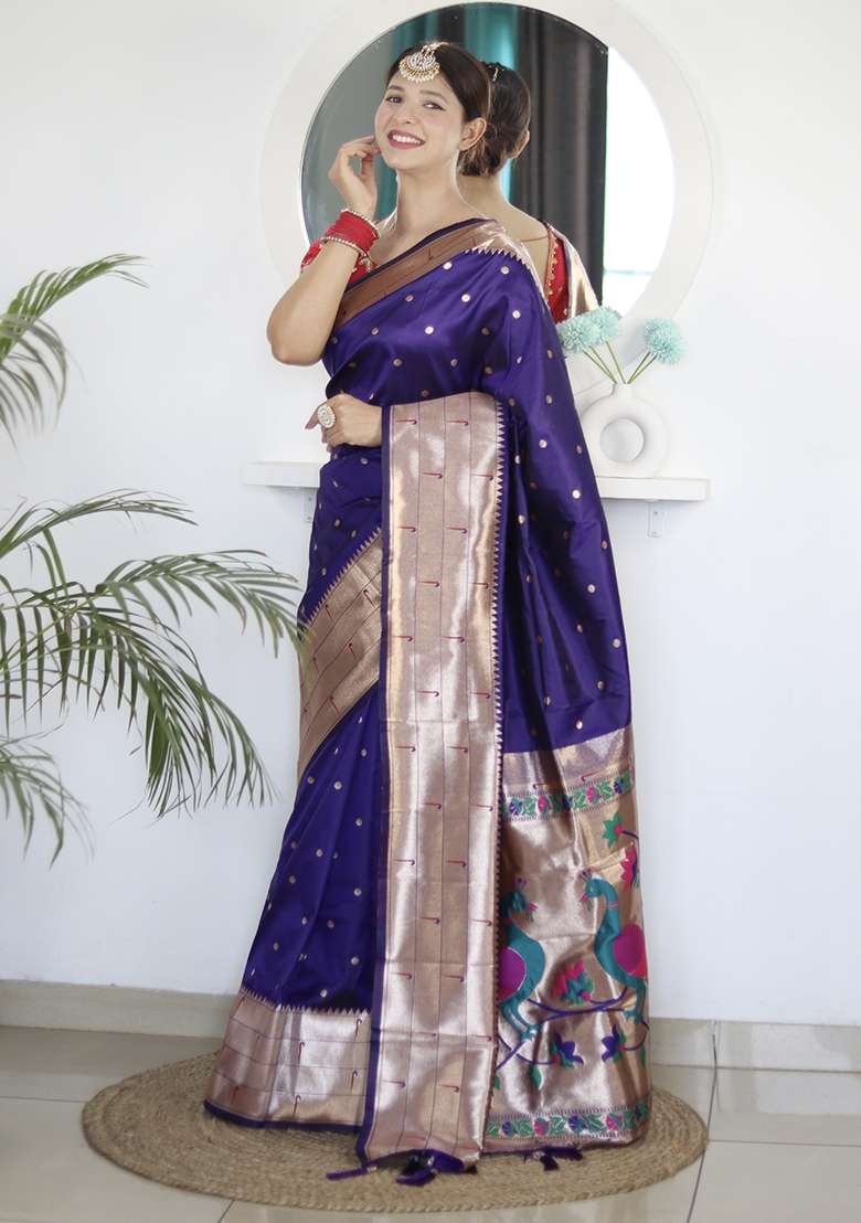 Violet Silk Saree Set with Embroidery for Diwali | Wedding & Festive Wear - Indya