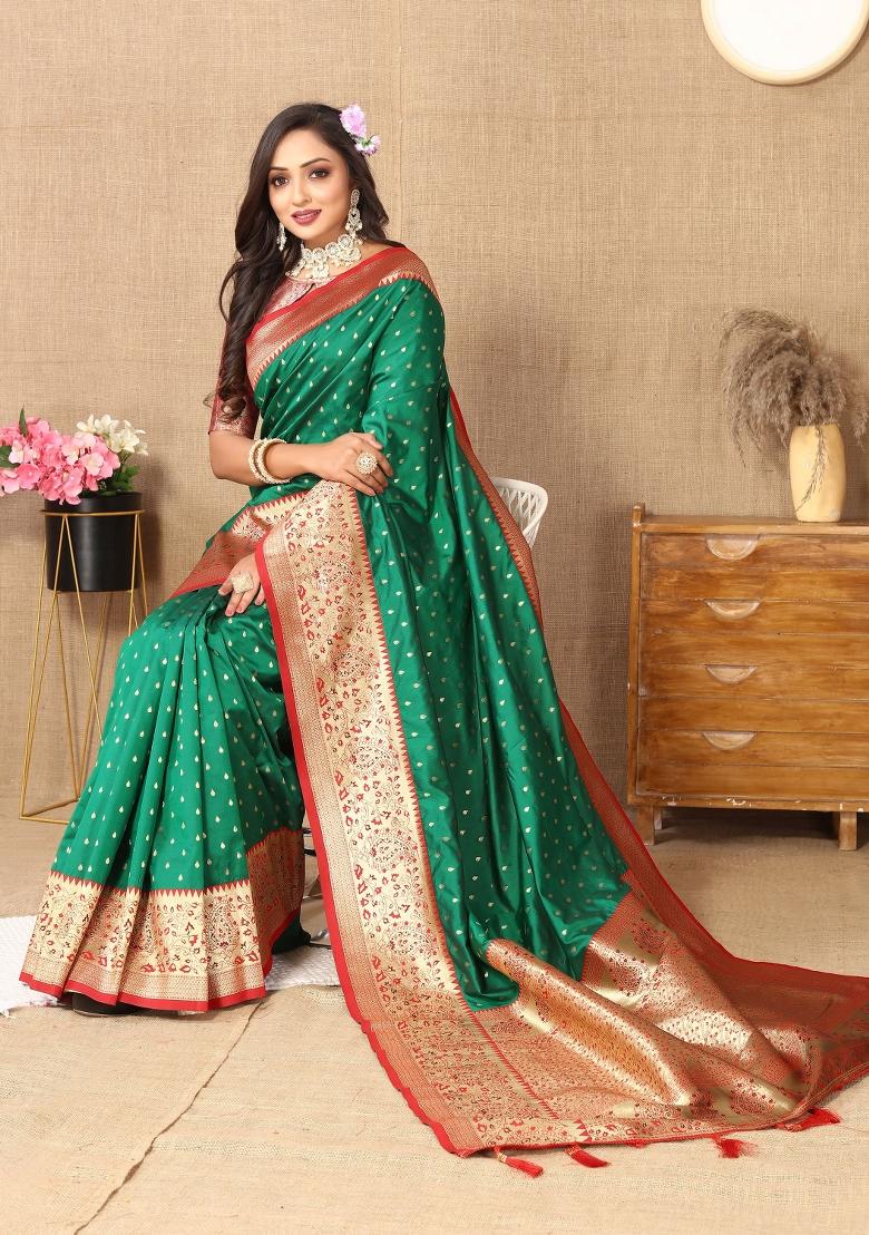 Green Jacquard Silk Saree Set - Indya