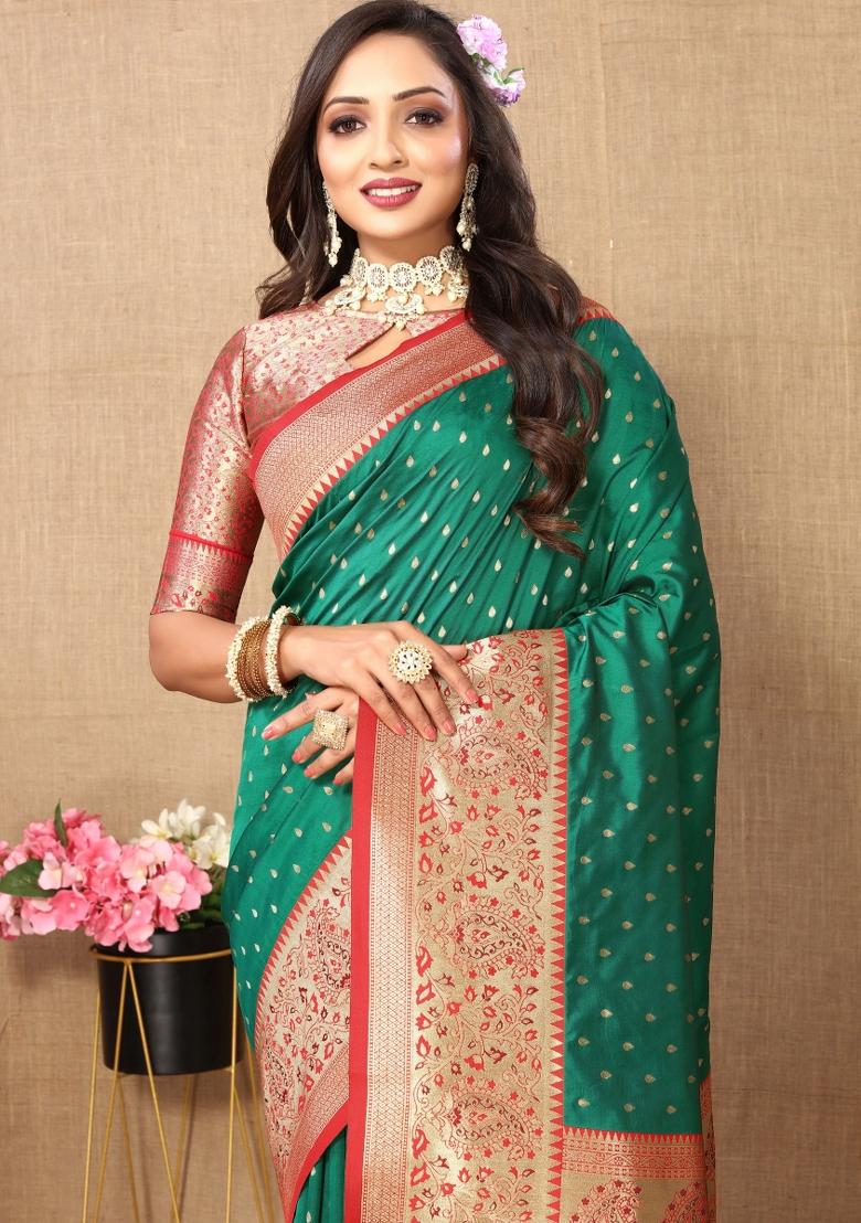 Green Jacquard Silk Saree Set - Indya