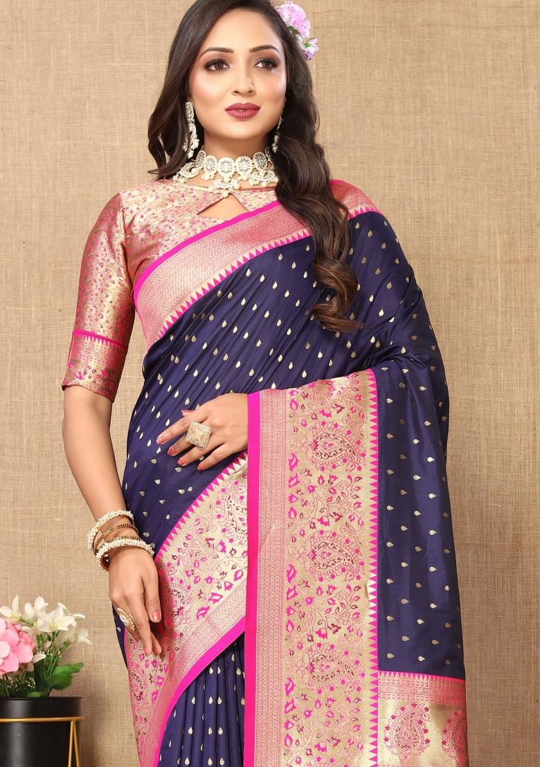 Blue Jacquard Silk Saree Set - Indya