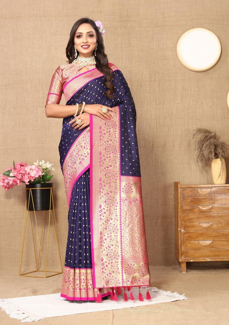 Blue Jacquard Silk Saree Set - Indya