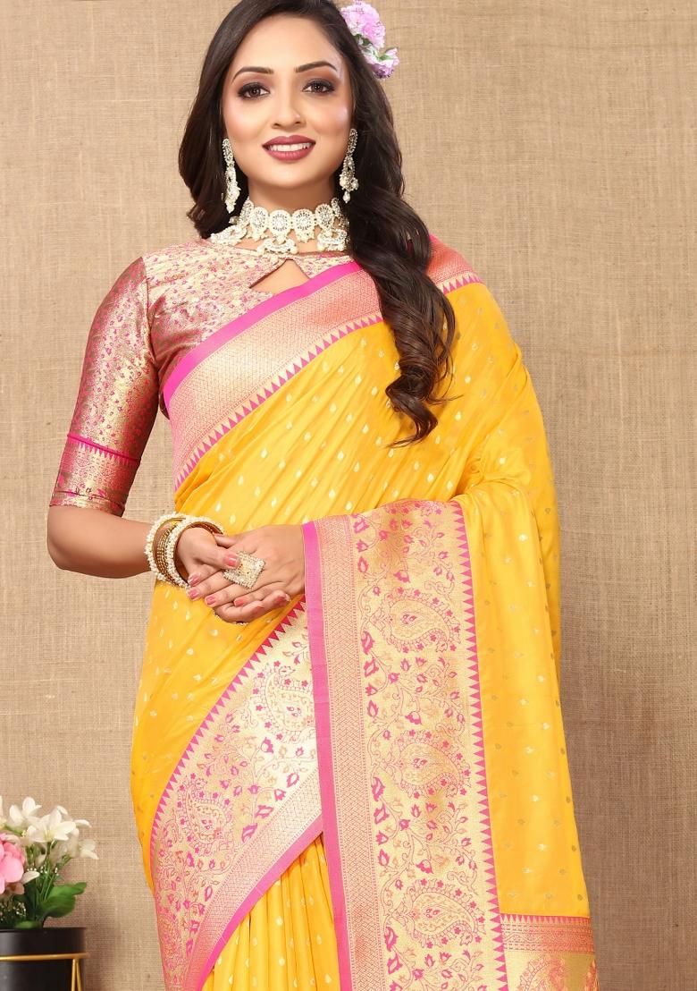 Mustard Jacquard Silk Saree Set - Indya