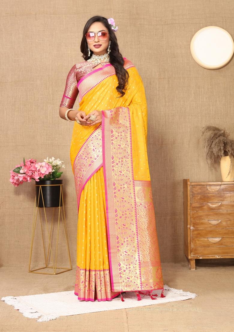 Mustard Jacquard Silk Saree Set - Indya