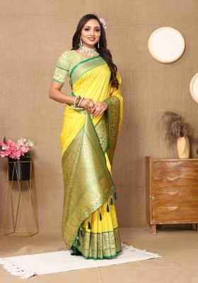 Yellow Jacquard Silk Saree Set