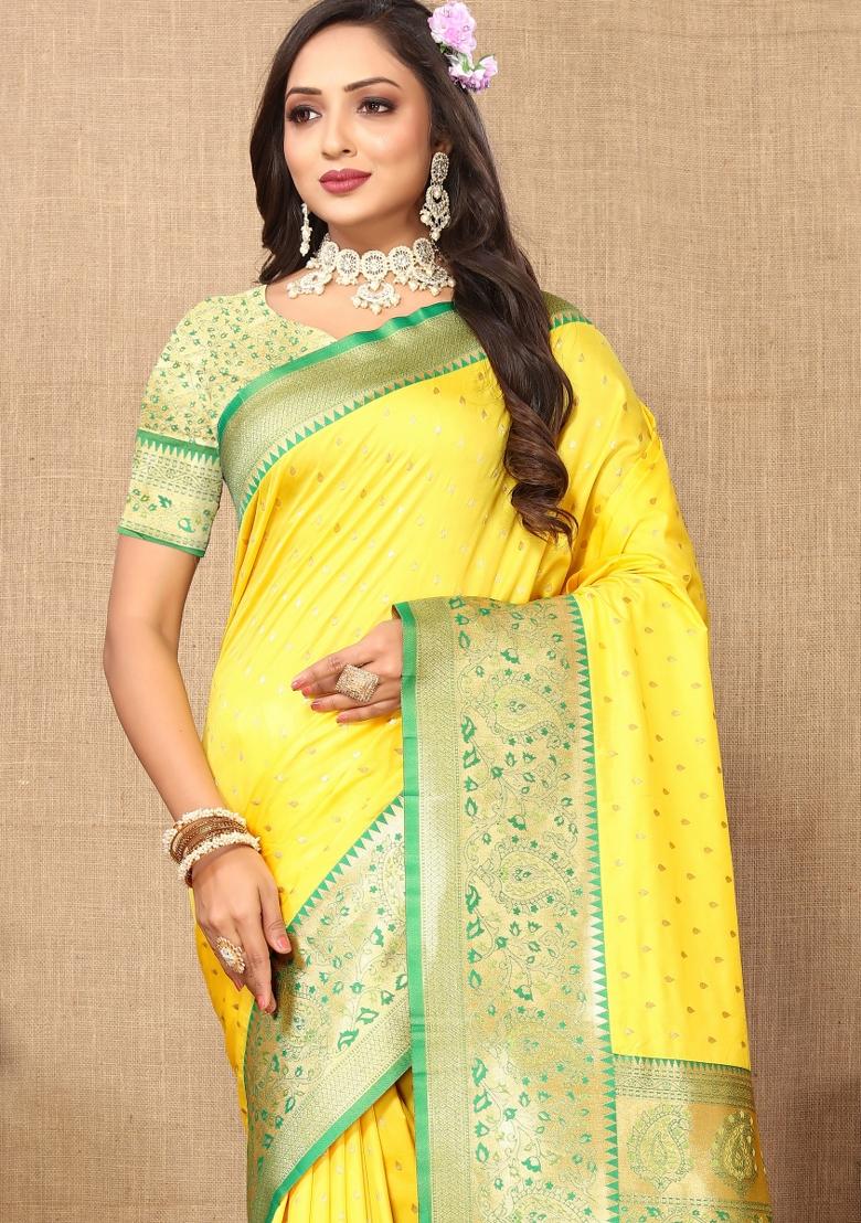 Yellow Jacquard Silk Saree Set - Indya